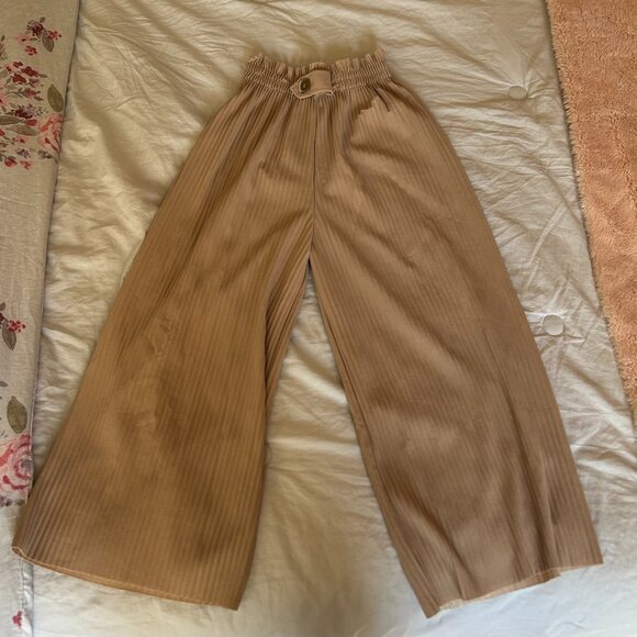Tan Wide-Leg Pleated Pants - Picture 4 of 6